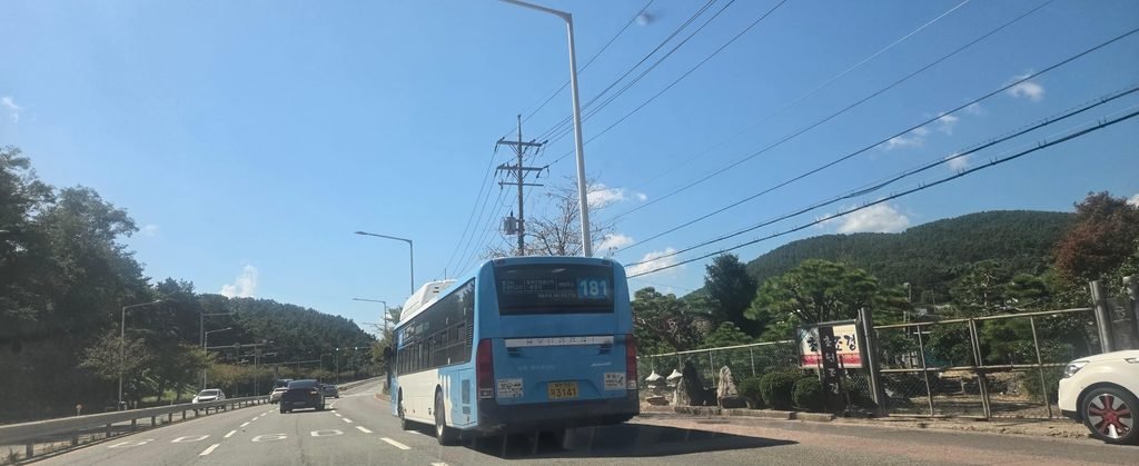 부산 해안도로를 따라 운행하는 민트색 181번 부산 시내버스가 도로 위를 주행하고 있는 현장 사진